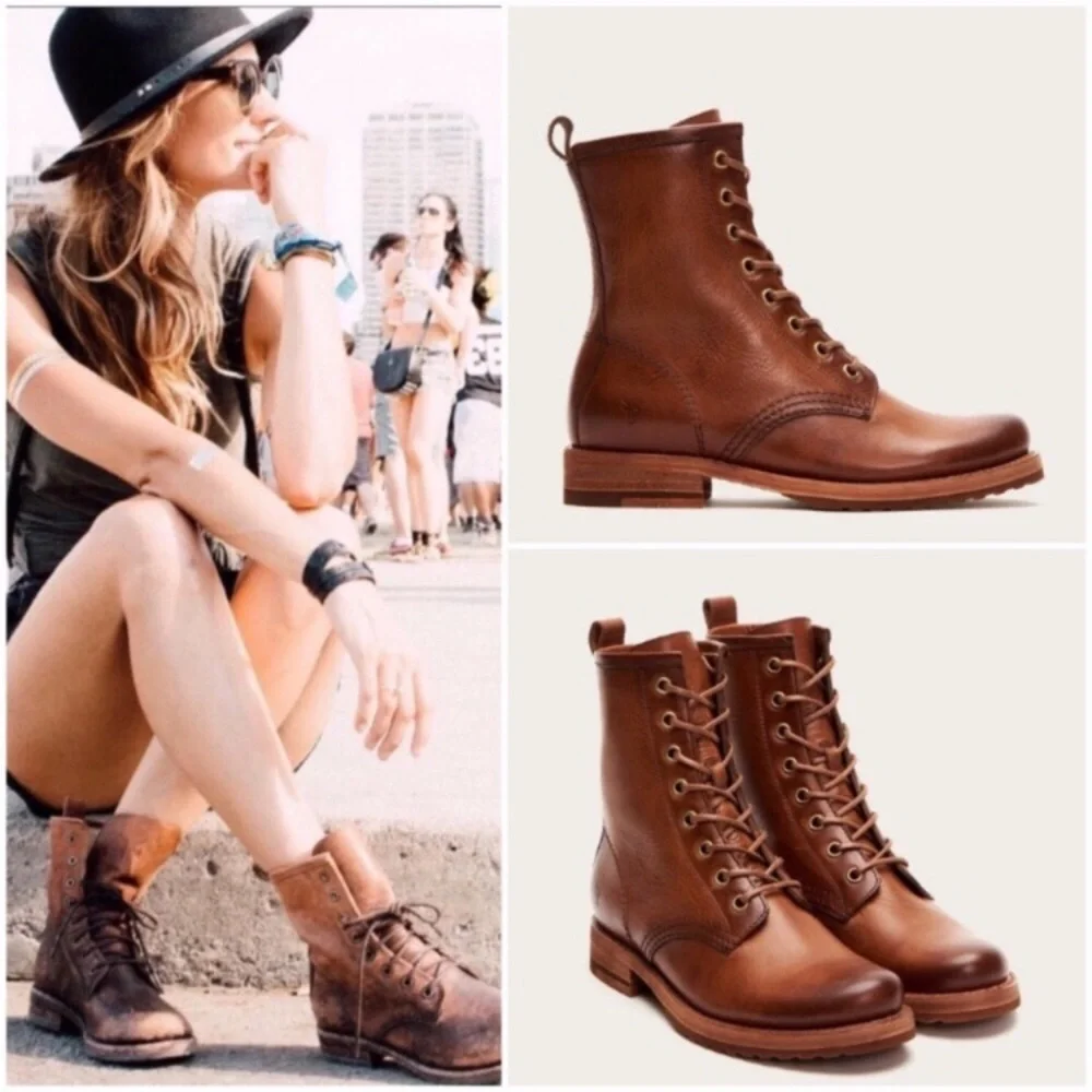 Frye Veronica Combat Brown Genuine Leather Lace Up Moto Combat Retro Ankle Boots - Picture 4 of 15